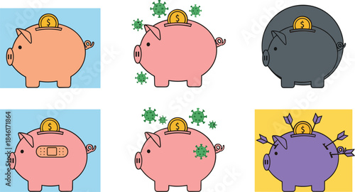 Piggy Bank Money Concept Set Showing Savings Loss Virus Impact and Financial Risk in Flat Cartoon Vector Illustration
