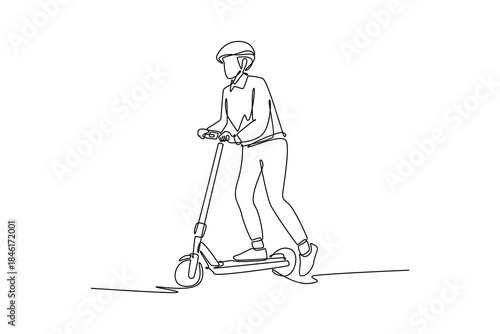 Single one line drawing young man safely riding electric scooter while wearing helmet. Modern, eco-friendly urban transport, personal mobility. Continuous line draw design graphic vector illustration