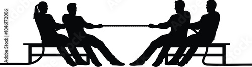 Teamwork and competition concept with people playing tug of war, group challenge, strength and unity illustration, corporate collaboration vector design