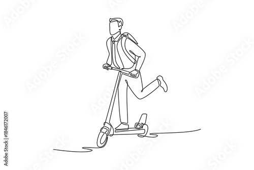 Single one line drawing man in business outfit, carrying backpack and aggressively riding electric scooter, suggesting hurried commute in urban. Continuous line draw design graphic vector illustration