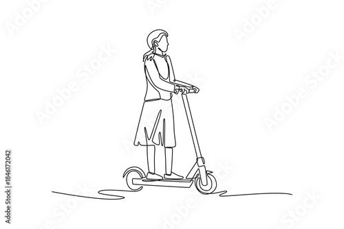 Single one line drawing woman in business casual attire riding an electric scooter for personal transport. Sustainable urban commuting mobility. Continuous line draw design graphic vector illustration