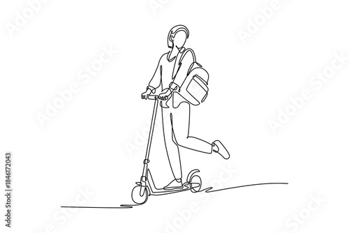 Continuous one line drawing woman with backpack, kicking off ride electric scooter. Environmentally friendly personal mobility for urban commuting. Single line draw design vector graphic illustration
