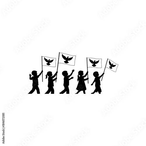 Silhouette illustration of children marching together and holding up peace dove flags isolated on transparent background
