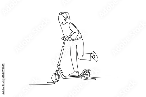 Continuous one line drawing woman in casual clothes pushing off with her foot on electric scooter. Represents active, fun, and eco-friendly travel. Single line draw design vector graphic illustration