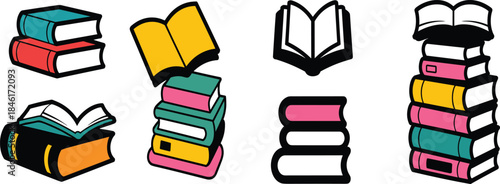 Colorful book icons set, stacked books and open book illustrations, education library reading concept, vector design isolated on white background