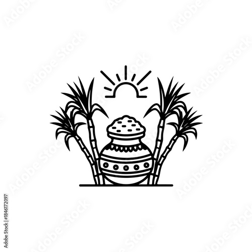 Black and white line art illustration of a pongal pot flanked by sugarcane stalks and a rising sun isolated on transparent background