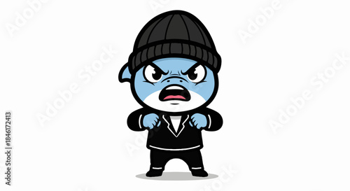 Angry Cartoon Character in Stylish Outfit with Beanie Gesturing in a Playful Standoff
