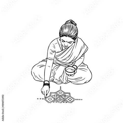 A beautiful woman creating a traditional rangoli design on the floor during a festival celebration isolated on transparent background
