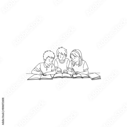 A group of three young students diligently studying and working together on their school assignments isolated on transparent background
