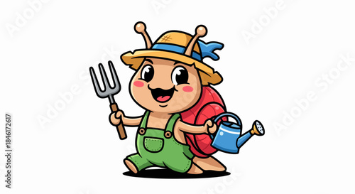 Cute Cartoon Snail Character in Green Overalls Holding a Fork and Watering Can in Garden