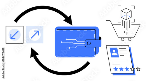 Digital wallet central to transactions, reversible arrows, cart with data cube, user profile card. Ideal for e-commerce, fintech, blockchain, data security, usability user experience transactions