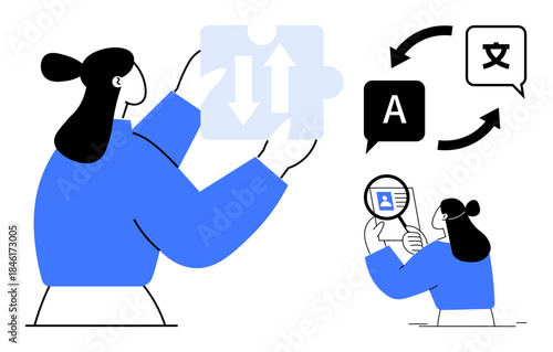 Language translation concept. Language symbols and interactive elements global communication. Language translation enhances multilingual accessibility. Ideal for education, apps, global business