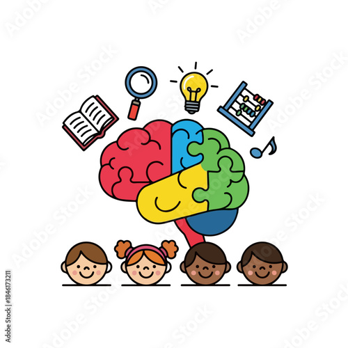 Colorful puzzle piece brain representing childhood learning and diverse intellectual development isolated on transparent background