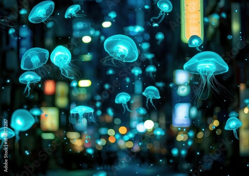 Many glowing blue jellyfish float in a dark space, with blurry lights in the background. AI.