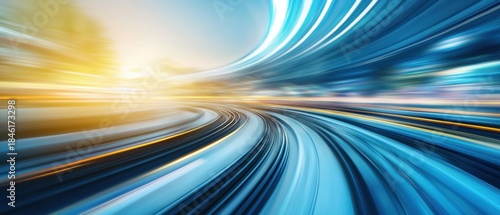 A blue and golden abstract motion blur, showing speed. AI.