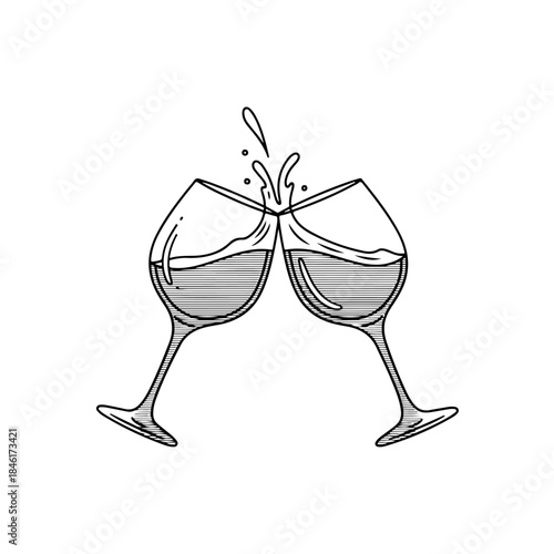 Two wine glasses clinking together for a toast, with liquid splashing, depicted in a monochrome line art illustration isolated on transparent background