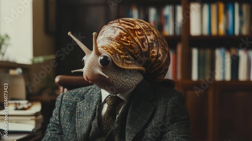 Snail with suit and tie in room with books. The snail has a textured shell and antennae. AI.