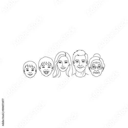 Black and white line art coloring page of five smiling family members from different generations isolated on transparent background