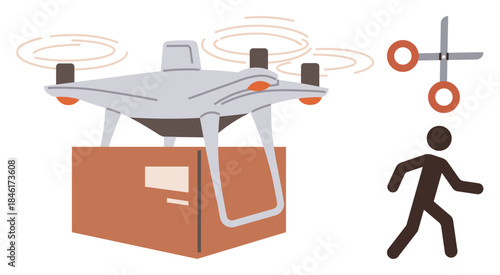 Delivery quadcopter carrying a box while a person prepares to receive it scissors for opening. Ideal for innovation, logistics, e-commerce, automation, delivery service, consumer technology, simple