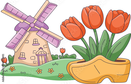 Cute cartoon windmill with colorful tulips and traditional wooden clog planter, charming Dutch countryside illustration for travel, culture, floral design projects