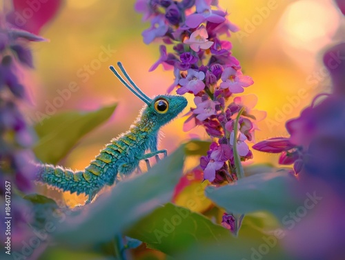 A blue and green bug is on a purple flower. AI.