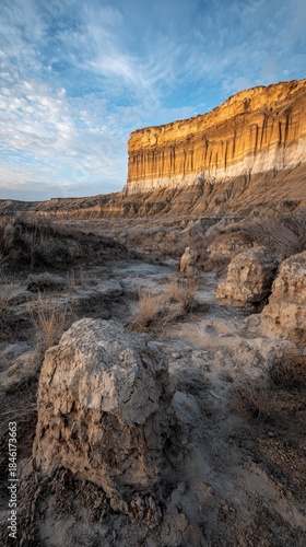 Cliff formation with layered rock and arid landscape under a blue, cloudy sky. AI.