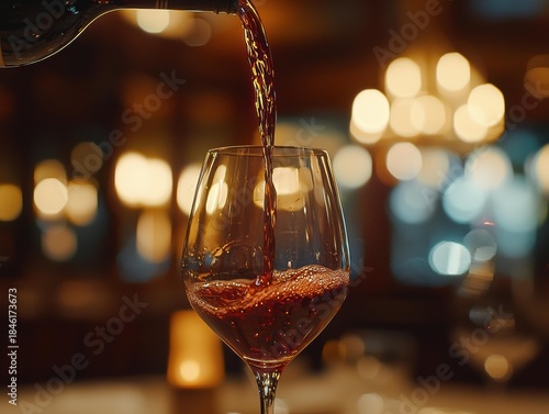 Red wine is poured into a clear wine glass, creating bubbles. A wine bottle and blurry lights appear in the background. AI.
