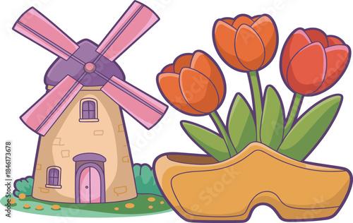 Cute cartoon windmill with colorful tulips and traditional wooden clog planter, charming Dutch countryside illustration for travel, culture, floral design projects