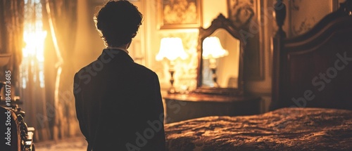 Back view of a person in dark clothing in a bedroom with bed, lamps, mirror, and curtains. AI.