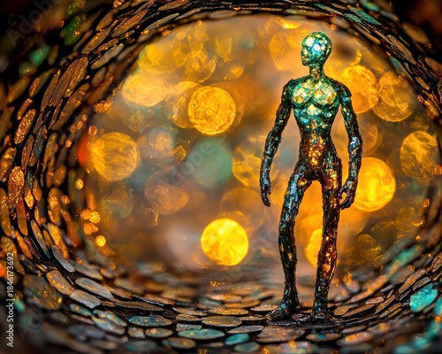 A shiny, metallic figure stands in a tunnel-like structure with golden, blurred lights in the background. AI.