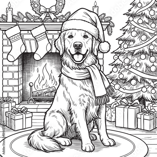 A charming black and white illustration depicts a golden retriever wearing a santa hat near a decorated fireplace and christmas
