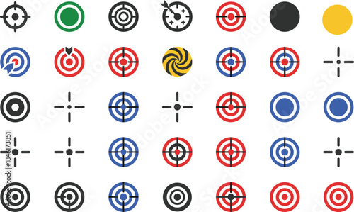 Target icons, bullseye symbols, archery graphics, aim design, colorful circles, focus elements, game UI, precision marks, digital targets, vector set