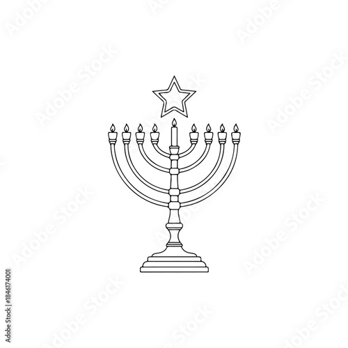Black and white outline drawing of a hanukkah menorah with a star symbol above isolated on transparent background