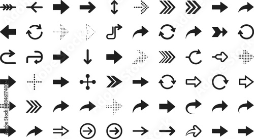 Arrow icons, direction symbols, UI arrows, navigation elements, curved arrows, reload signs, graphic indicators, pointer icons, interface design, vector arrows