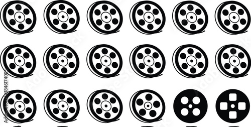 Abstract circular pattern puzzle, black segmented wheels, visual logic test, geometric symmetry, odd one out, brain teaser design