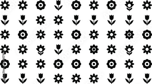 Black floral icons pattern, minimalist flower grid, abstract botanical symbols, seamless design elements, monochrome blossoms, vector floral art, decorative texture