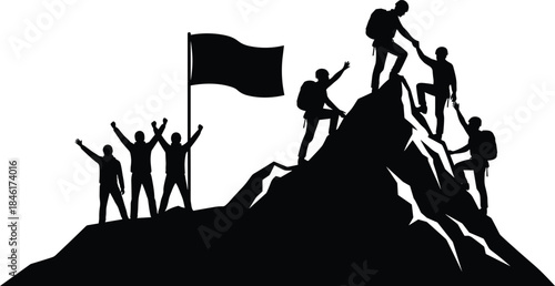 Teamwork mountain climbing success silhouette, group of hikers helping each other reach the top with flag, leadership, unity, motivation, achievement concept vector illustration