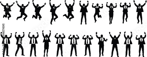 Business success, corporate celebration, team achievement, professional victory, workplace joy, career growth, triumphant pose, office motivation, leadership energy, business teamwork