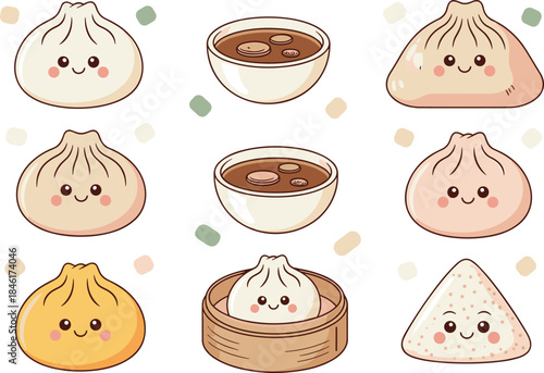 Cute kawaii dumpling characters, steamed buns, bao, dim sum food illustration, smiling faces, Asian cuisine, adorable cartoon design for playful artwork