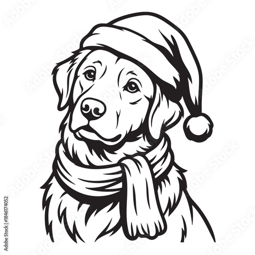 A charming black and white illustration depicts a golden retriever wearing a santa hat and scarf