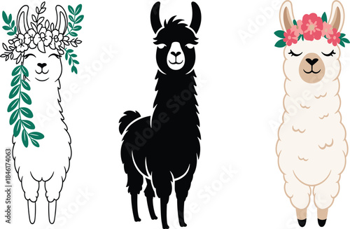 Cute llama illustrations set featuring floral crowns, minimalist black silhouette, adorable fluffy alpaca characters