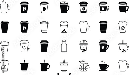 Coffee icons, beverage symbols, cafe graphics, mug illustrations, takeaway cup art, espresso design, minimal style, drink elements, barista tools, branding assets