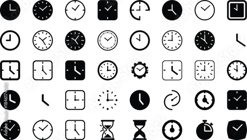 Clock icons, time symbols, analog clocks, digital clocks, stopwatch illustrations, hourglass graphics, gear clocks, timepieces, schedule icons, timer designs
