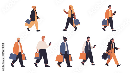 Diverse group of people walking and shopping, some using smartphones, depicted in a modern flat illustration style.
