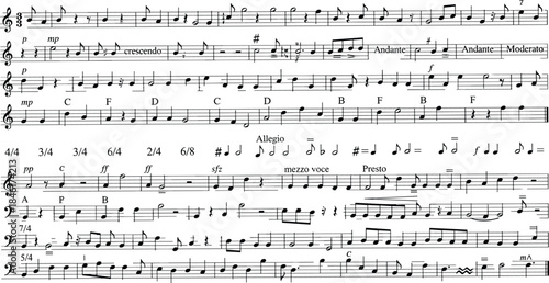 Music notation sheet, musical symbols chart, tempo markings guide, dynamics reference, time signatures, key signatures, chords, articulation marks, educational resource