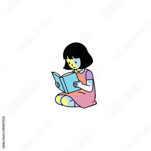 Simple illustration of a young girl sitting down and engrossed in reading a storybook isolated on transparent background