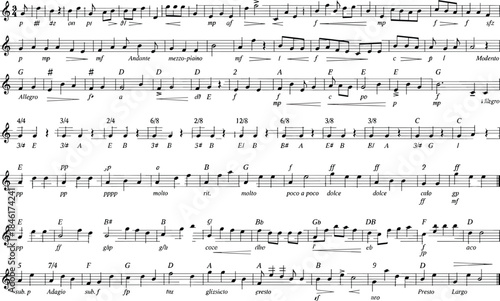 Musical notation sheet, treble clef, time signature, key signature, tempo markings, dynamic symbols, rhythm patterns, classical music, music theory