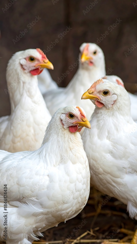 Fototapeta premium Close-up of several white chickens in a coop with yellow beaks