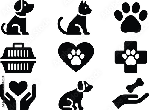 Dog care icon set, pet veterinary symbols, paw print, adoption, love, shelter, animal health icons isolated on white background