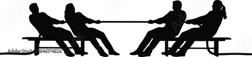 Teamwork tug of war silhouette illustration, people pulling rope in competition, team strength and cooperation concept for success, leadership, and unity design